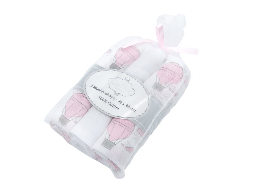 Little Dreams Muslin Wraps (set of 3) Pink Balloons